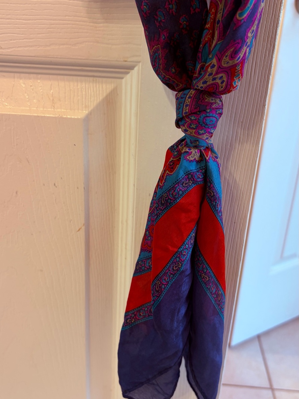 Silk-Feel Paisley Accent Scarf in Red, Purple, and Turquoise